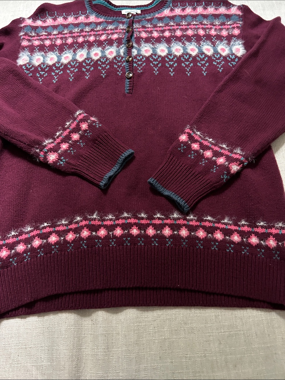 Sundance Fair Isle Sweater Burgundy Women's M Half Button Cotton Snowflake - Picture 5 of 13